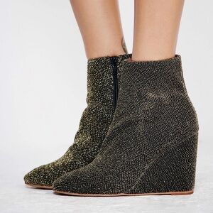 Jeffrey Campbell + Free People Instant Wedge boots, black and gold shimmer